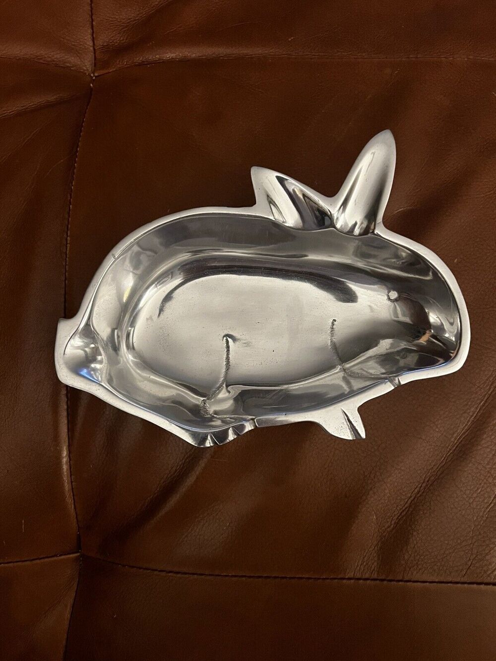 Decorative Silver Color Metal Rabbit Bunny Candy Jewelry Tray Dish 8” X 6”